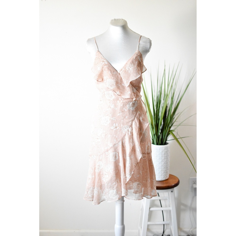 Express Wrap Dress Small Blush Pink Floral Ruffle Hem V-Neck Spaghetti Strap